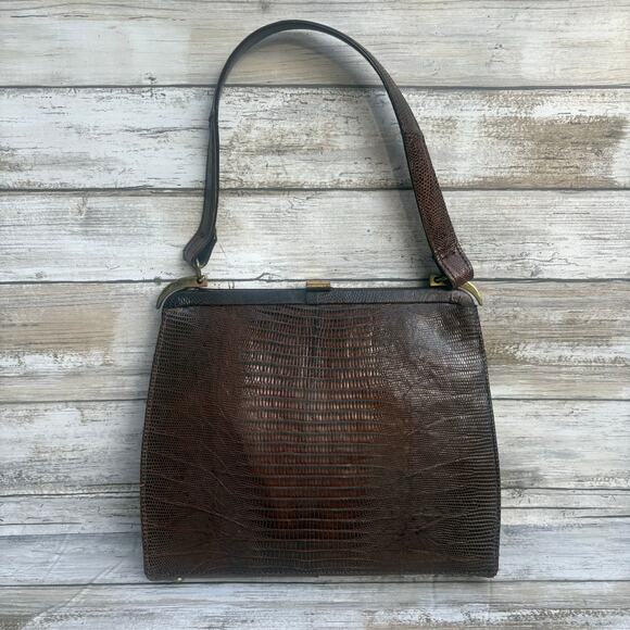 VTG Reptile Exotic Handbag Purse Retro MCM Brown Kiss Lock Coin Pouch Framed - Picture 1 of 14